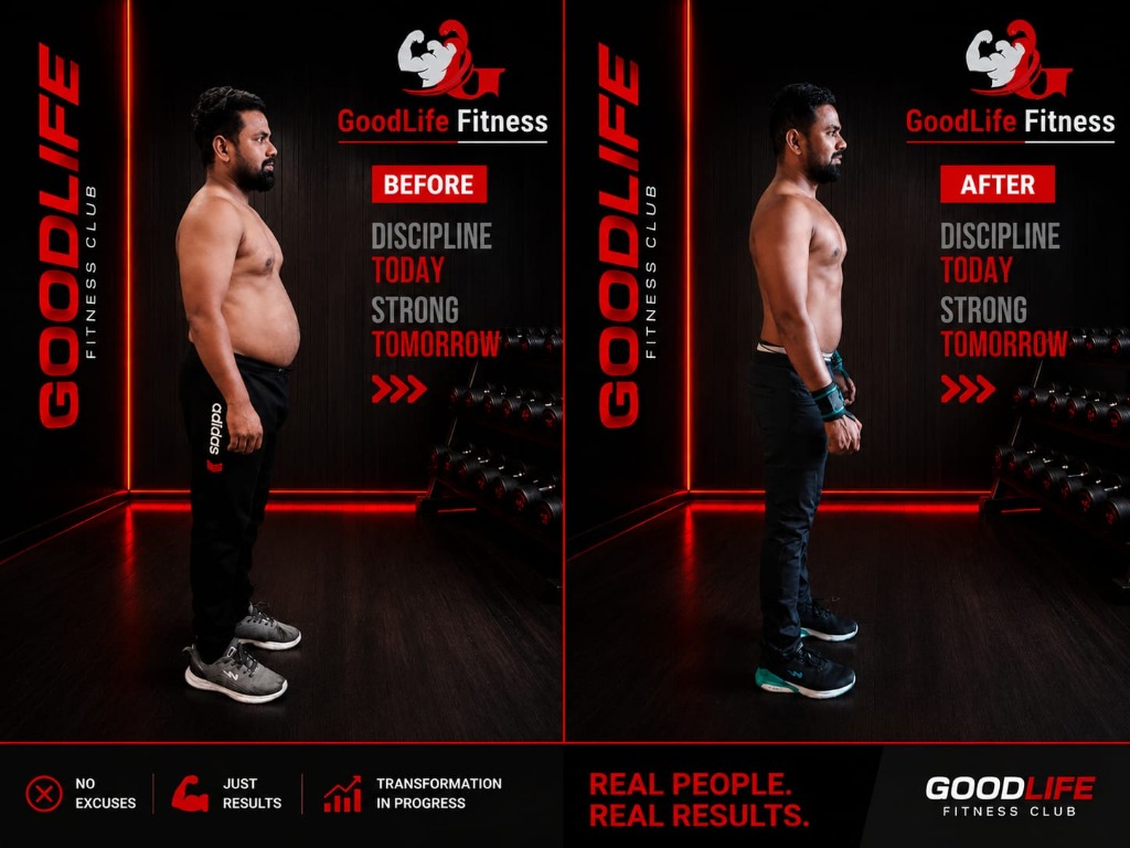 Fitness transformation of GoodLife Fitness member trained by Arvind Sir — client progress photo 1 showing before and after results