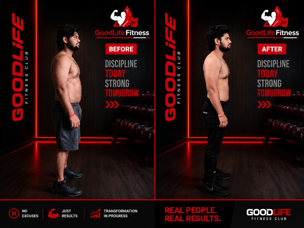 Fitness transformation of GoodLife Fitness member trained by Arvind Sir — client progress photo 2 showing before and after results