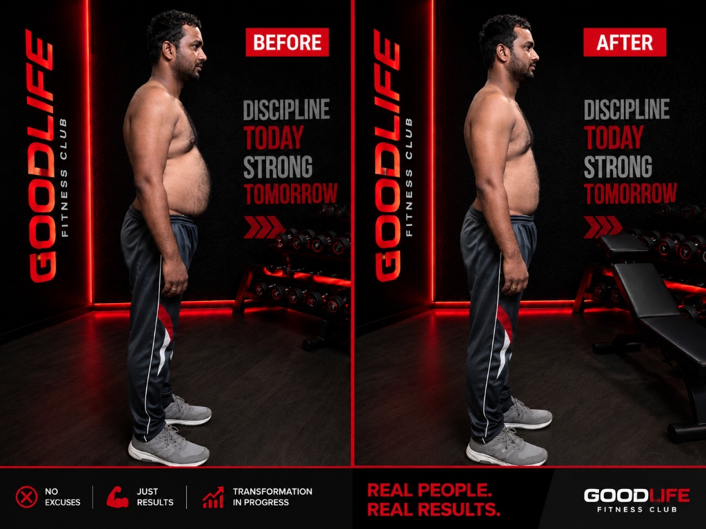 Fitness transformation of GoodLife Fitness member trained by Arvind Sir — client progress photo 3 showing before and after results